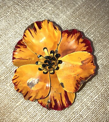Vintage Enamel Orange Flower Brooch Estate Jewelry Mid Century Collectible-image
