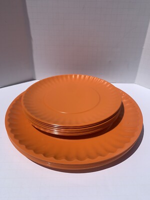 Orange Melamine Plates Made In China 7 Dinner 7 Salad Vintage GUC Mid Century-image