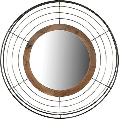 Creative Co-Op Round Wall Wood Frame and Metal Wire Surround Mirror, Iron -image