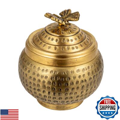 Creative Co-Op Round Hammered Metal Container with Butterfly Finial, Brass Fi-image