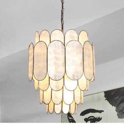 Creative Co-Op EC1685, Black Laminated Capiz Tiered Chandelier-image