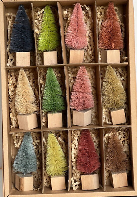 Creative Co-Op Set 12 Bottle Brush Trees Wood Base Green Mauves Brown 3 1/4