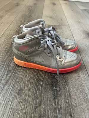 Kids Youth PS AJ1 Jordan Mid Silver Metallic Racer Pink Orange Red Shoe Sz 2-image