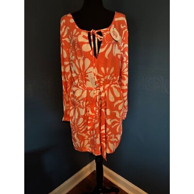Escapada orange and white tie neck long sleeve tie waist dress Sz M NWT-image