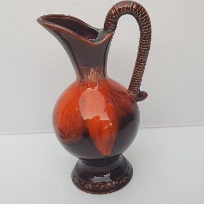 VINTAGE MCM RED ORANGE POTTERY VASE JUG MID CENTURY MCM Drip Glaze Orange-image