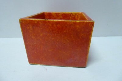 VINTAGE ORANGE GLAZE POTTERY SQUARE / CUBE BOWL MID CENTURY STUDIO-image
