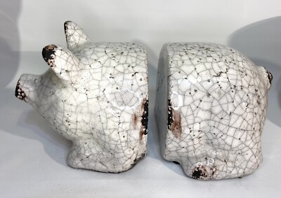 Pig Bookends w/White Crackle Glaze and made from Red Clay 10