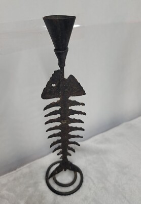 Destressed Metal Fish Bone Candle Holder Lake House Coastal Beach Cabin Bar -image