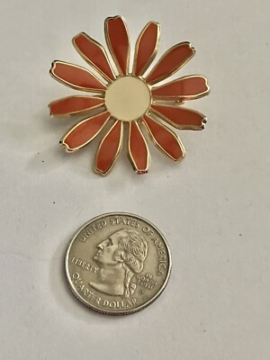 Vintage Mid Century Mod Enamel Orange Daisy Goldtone Pin Brooch-image
