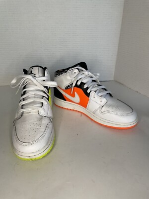 Nike Air Jordan 1 Mid GS Neon Notebook Youth Size 5Y Orange Yellow Sneakers-image