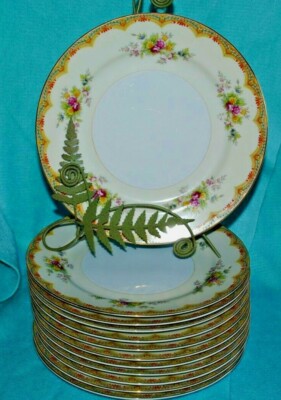 6 MID CENTURY IMPERIAL CHINA JAPAN FLORAL YELLOW ORANGE GOLD TRIM DINNER PLATES -image