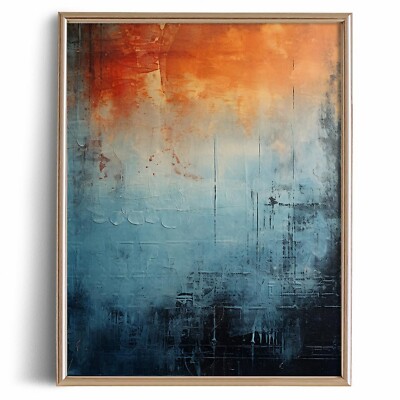 Blue Abstract Wall Art Decor - Dark Blue Orange - Mid Century Modern Poster P...-image