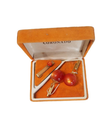 Vintage Coronado Cuff Links & Tie Tac Pin Orange Bakelite Mid Century 1614JR-image
