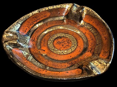 Vintage Mid-century Orange And Gold Ashtray Hollywood Glam 7.5