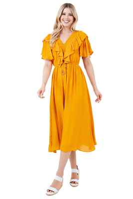 Mojito Women's Casual Resort Wear V Shaped Neckline Smocked Ruffled Empire Dress-image