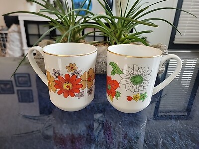 Vintage Mug Yellow Orange White Gold Creative Japan Flowers Mid Century Mod Cup-image