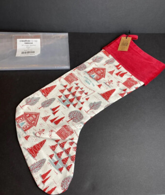 Christmas Tree Farm Print  Stocking NWT Creative Co-Op Red Velvet Cuff Log Cabin-image