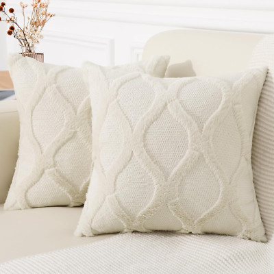Decorative Throw Pillow Covers 18X18 Set of 2, Soft Plush Faux Fur Wool Pillow C-image