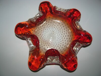 SALE!!!  MID CENTURY RED/ORANGE FLORAFORM MURANO ASHTRAY/BOWL: Bubbles, 9.75 