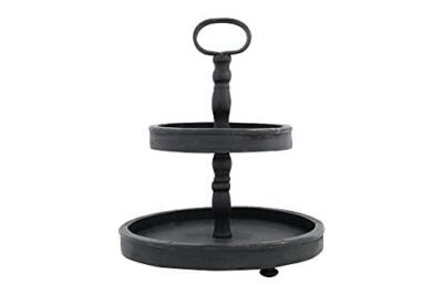 Creative Co-op EC0112 Distressed Wood 2-Tier Tray with Metal Handle, Black-image