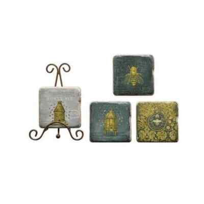 Creative Co-Op Set of 4 Resin Bee Coasters & Metal Easel Bees Coaster Set-image