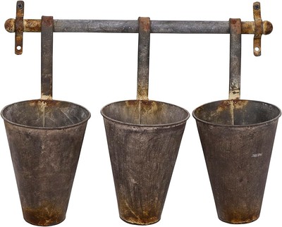 Creative Co-Op Antiqued Metal Wall Rack with 3 Hanging Tin Pots -image