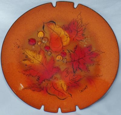 SASCHA BRASTOFF SIGNED MID CENTURY MODERN ORANGE FOLIAGE ENAMEL DISH BOWL PLATE-image