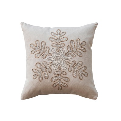 , Natural, White and Gold Square Cotton Canvas Pillow with Embroidered Snowfl...-image