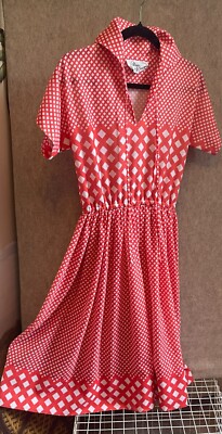 Vintage  60'S-70'S Lillian Russel checker board White/Orange mid length  Dress-image