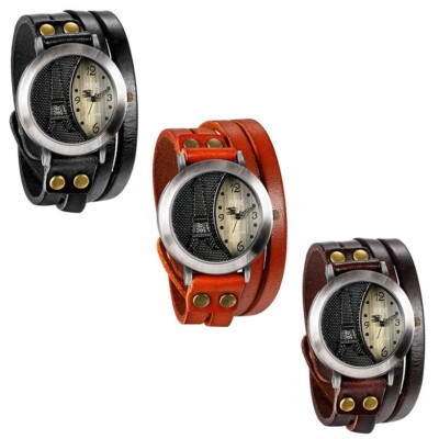 Creative Eiffel Tower Double Strap Antique Style Leather Men's Watch Gift NEW-image