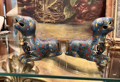 Rare Pair Antique 19 C Cloisonne Chinese Dog Joss Stick Holder Incense Qing Dy-image