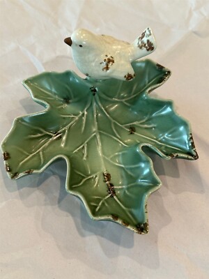 Creative Co-op White Bird On Green Leaf Glazed Ceramic Retro Trinket Candy Dish-image