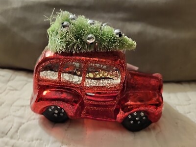 Creative Co-Op New Red Car And Green Cream Bottle Brush Tree Christmas Ornament -image