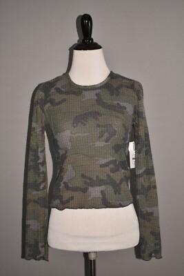 LA LA LAND CREATIVE CO NEW $34 Camo Print Thermal Crop Top in Olive XS-image