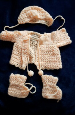 Orange Baby Sweater, Bonnet & Booties Hand Made crocheted Mid-70's-image