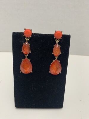 Dangle Teardrop Earrings Gold Tone Orange Mid Century Retro Modernist Boho 1.75”-image