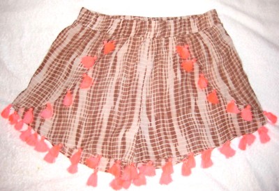 Dizzy Lizzy Womens Tie Dye Shorts Size XL Brown Fringed Tassels Elastic Waist-image