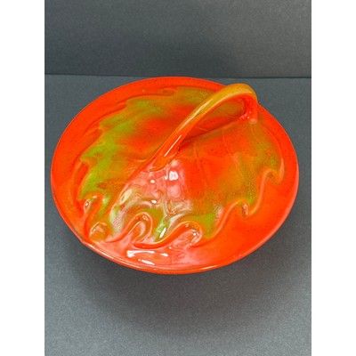 Vtg USA Pottery Covered Dish Speckled Orange Leaf Casserole Serving Mid Century-image