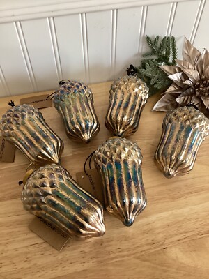 Creative Co-op 6 Gold Blue Purple Acorn  Shape  Distress Mercury Glass Ornaments-image