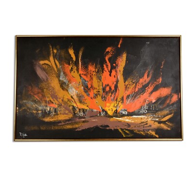 Mid Century Modern Black Orange and Yellow Landscape Painting by Rutten-image
