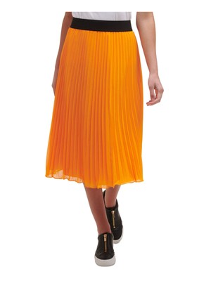 DKNY Womens Orange Stretch Midi Accordion Pleat Skirt XXS-image