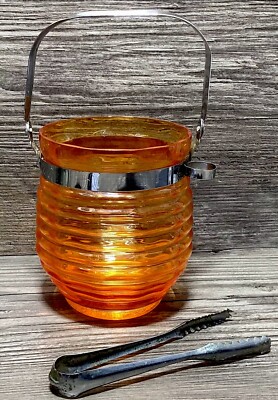 Mid Century Modern Beehive Glass Ice Bucket Handle Tongs Party Vintage Orange-image