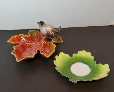 Bird On Leaf Dish Creative Co-op & Leaf Coaster Vintage Pottery Set/ 2 WHOLESALE-image