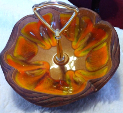 Mid Century Modern Bowl With Goldtone Handle, Orange, Yellow Inside Brown Outer-image