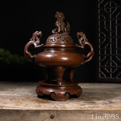 old China Buddhism bronze Foo dog lion beast statue Joss Incense burner Censer-image