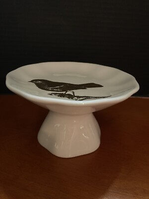 Small 6” plate on stand W/gold bird accent By CREATIVE CO-OP  Pillar desert dish-image