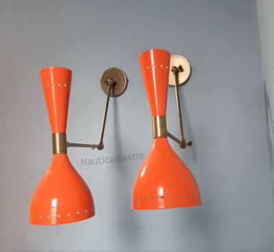 Orange Wall Sconce Mid Century 1950's Italian Sconce Light Pair-image