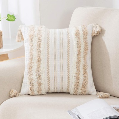 Decorative Boho Throw Pillow Cover 18x18, Accent Neutral Textured Tufted Pill...-image