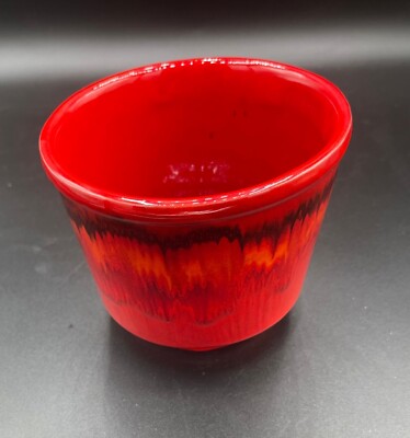 Mid Century Modern California Orig Pottery 1469 Red Orange Drip MCM Planter Bowl-image