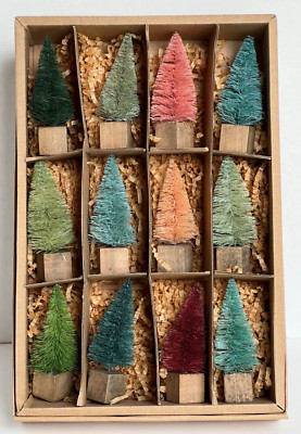Creative Co-Op Set 12 Bottle Brush Trees Wood Base Greens Mauves 3 1/4